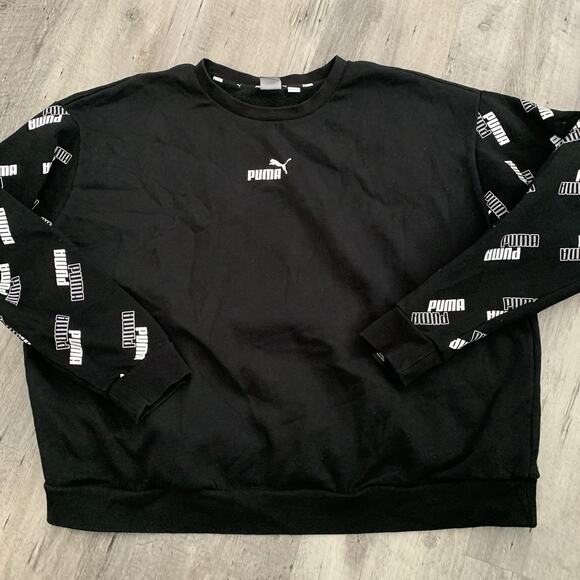 Puma SE Way 1 Sweatshirt Womens XL All Over Logo Pullover Black White Crop Crew - Picture 1 of 7